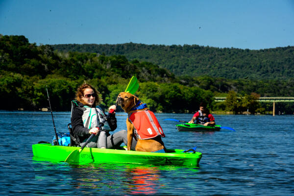 Woman on dog on rental kayak near Harpers Ferry - River & Trail Outfitters