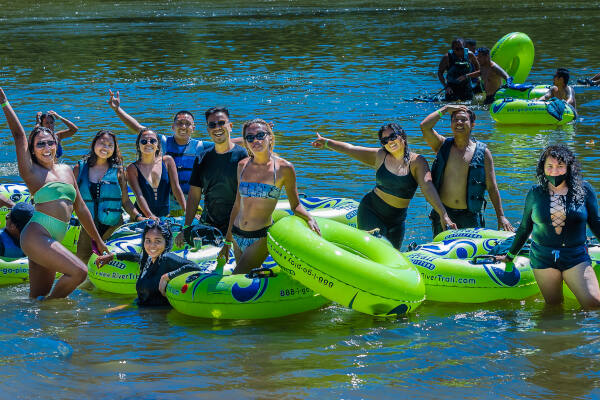 Happy group of tubers on the Shenandoah River - River and Trail Outfitters