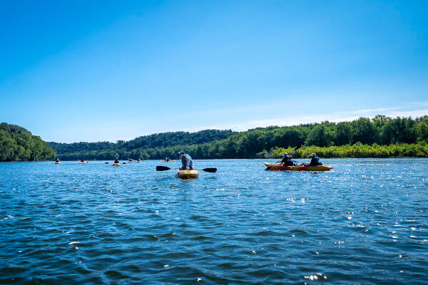 Open view of kayakers on the Shenandoah - River and Trail Outfitters