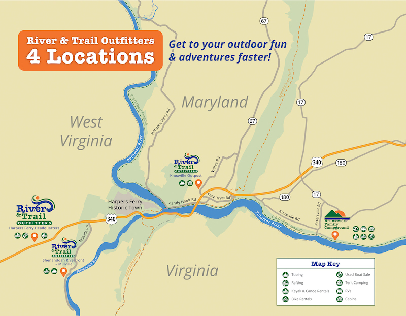 Map of 4 Harpers Ferry Locations - River & Trail Outfitters