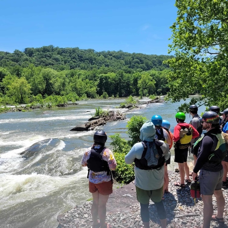Image of River and Trail rafting guests looking at rapids